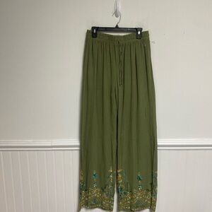 LIV Los Angeles Moss Green Embroidered Wide Leg Embroidered Palazzo Pants Size L